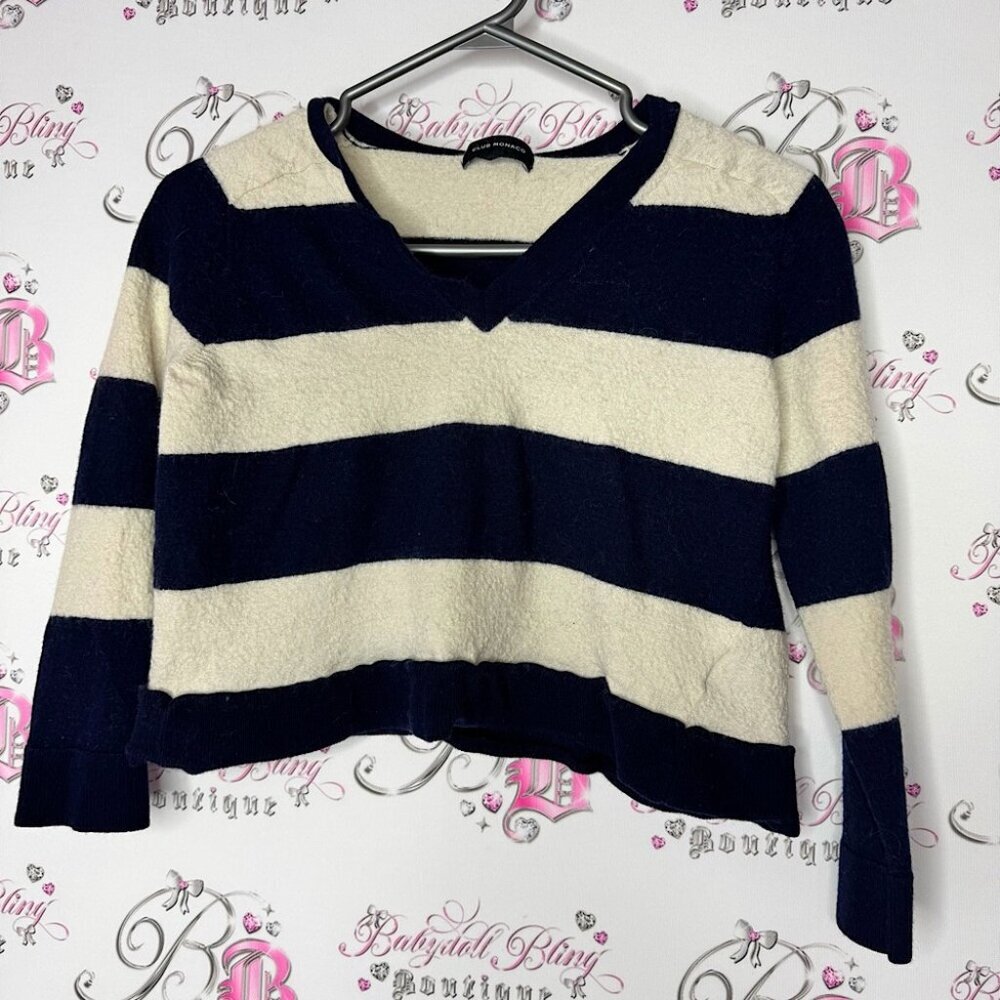 Club Monaco wool Striped Navy and Cream Sweater cropped Vneck cozy warm royal